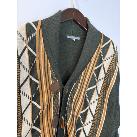 Silversilk Mens Sweater Cardigan 3D Knit Geo Toggle Button Grandpa VTG Green XL - Picture 6 of 9